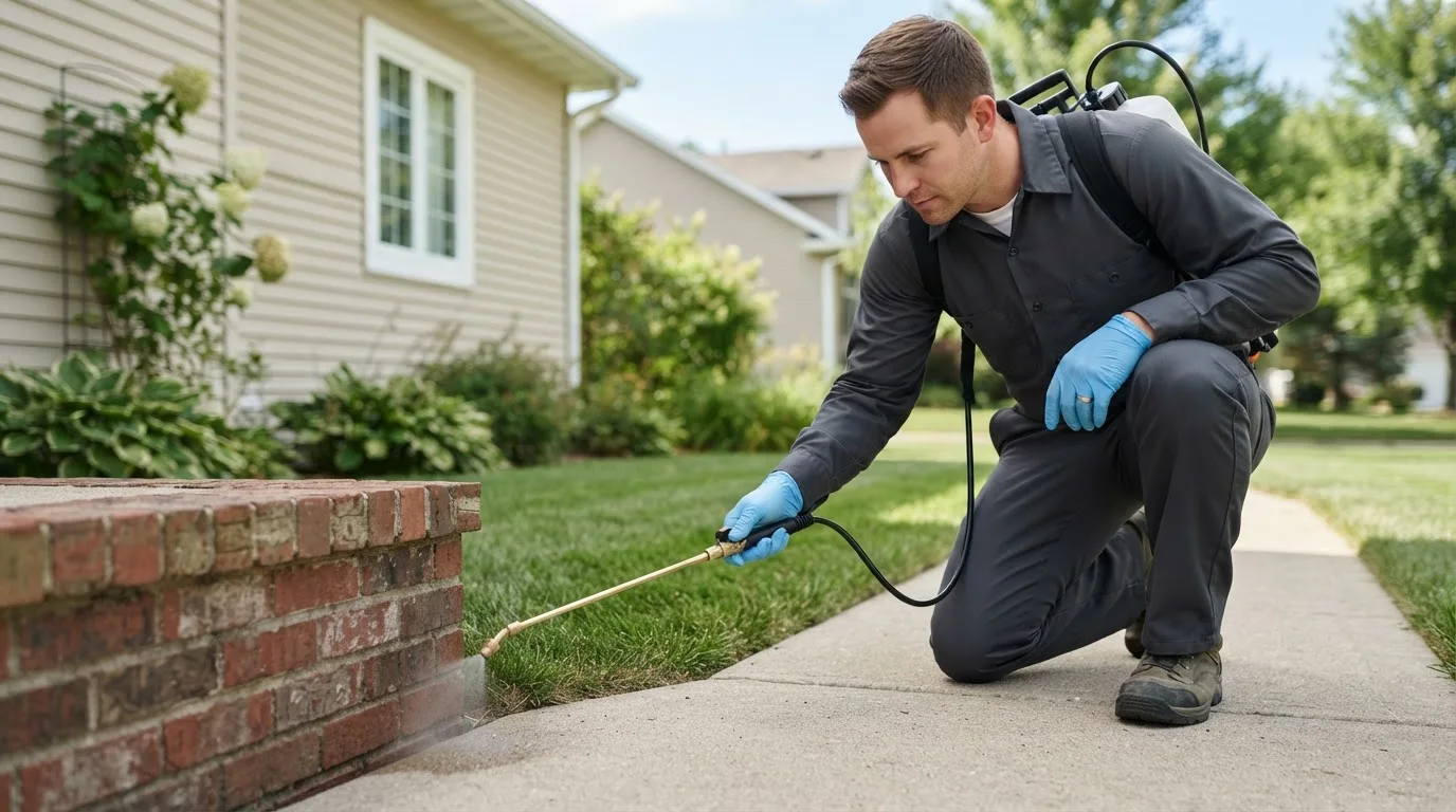 Pest control technician treating a home near Vestaburg, MI