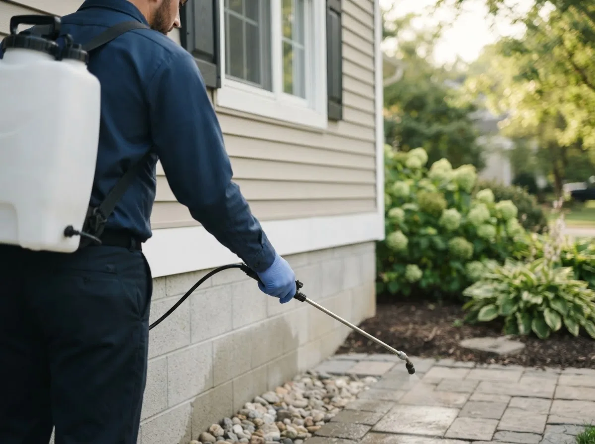 Pest control technician inspecting a home in Vestaburg, MI
